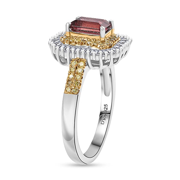 D'Joy Byzantine Tourmaline Natural Diamond Sunburst Halo Ring In 18K Vermeil YG And Rhodium Over Sterling Silver 1.60 Ctw