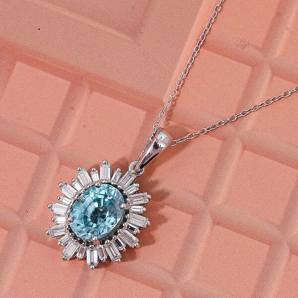 D'Joy Cambodian Blue Zircon And Moissanite 4.50 Ctw Stellar Bloom Pendant Necklace In Rhodium Over Sterling Silver 20 Inches