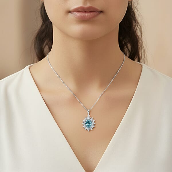 D'Joy Cambodian Blue Zircon And Moissanite 4.50 Ctw Stellar Bloom Pendant Necklace In Rhodium Over Sterling Silver 20 Inches