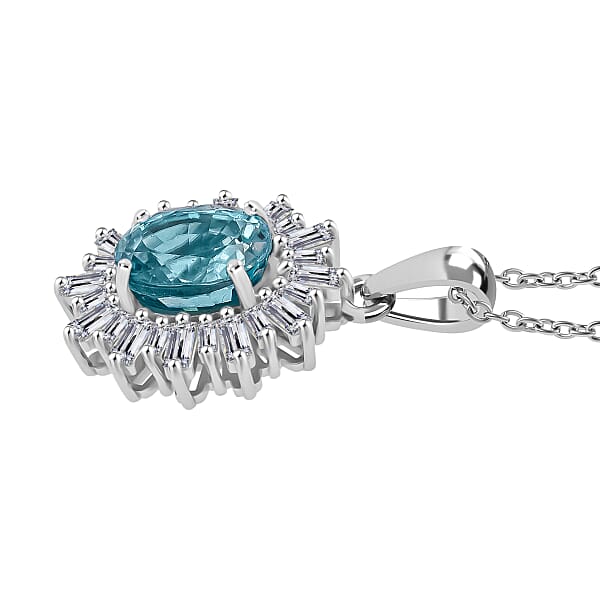 D'Joy Cambodian Blue Zircon And Moissanite 4.50 Ctw Stellar Bloom Pendant Necklace In Rhodium Over Sterling Silver 20 Inches