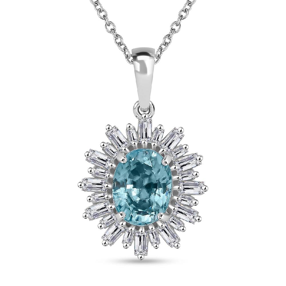 D'Joy Cambodian Blue Zircon and Moissanite 4.50 ctw Stellar Bloom Pendant Necklace in Rhodium Over Sterling Silver 20 Inches