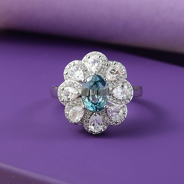 D'Joy Cambodian Blue Zircon And White Zircon 3.85 Ctw Azure Blossom Ring In Rhodium Over Sterling Silver