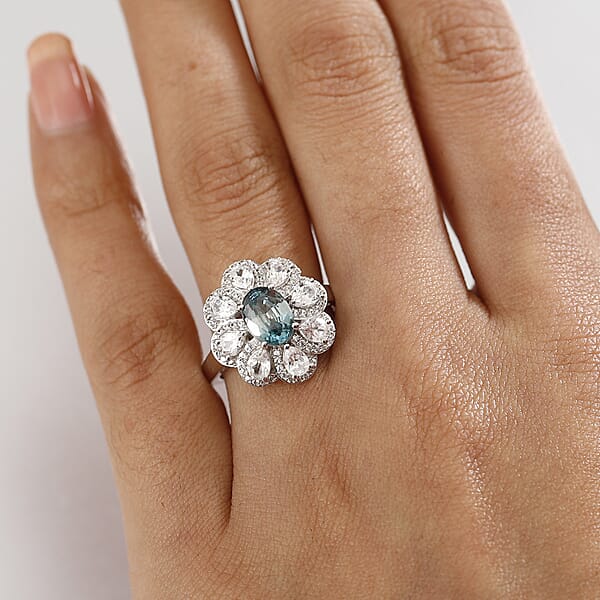 D'Joy Cambodian Blue Zircon And White Zircon 3.85 Ctw Azure Blossom Ring In Rhodium Over Sterling Silver