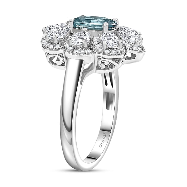 D'Joy Cambodian Blue Zircon And White Zircon 3.85 Ctw Azure Blossom Ring In Rhodium Over Sterling Silver