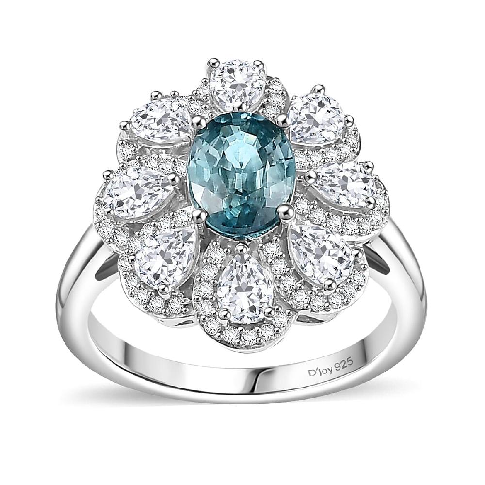 D'Joy Cambodian Blue Zircon and White Zircon 3.85 ctw Azure Blossom Ring in Rhodium Over Sterling Silver