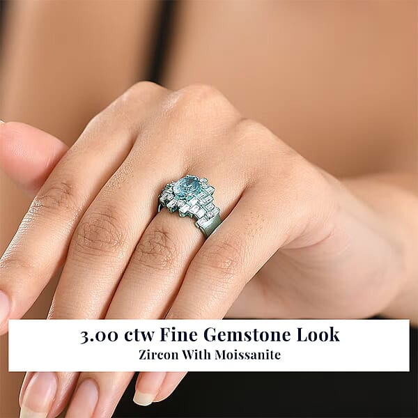 D'Joy Cambodian Blue Zircon Moissanite Deco Mirage Ring In Blue E-coat Sterling Silver 3.00 Ctw