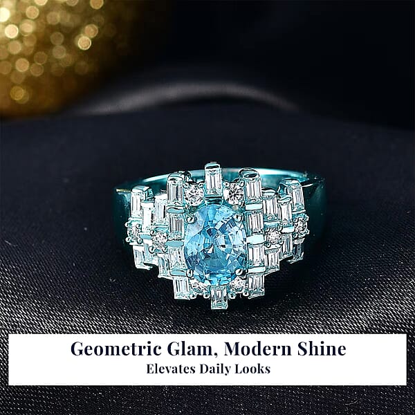 D'Joy Cambodian Blue Zircon Moissanite Deco Mirage Ring In Blue E-coat Sterling Silver 3.00 Ctw