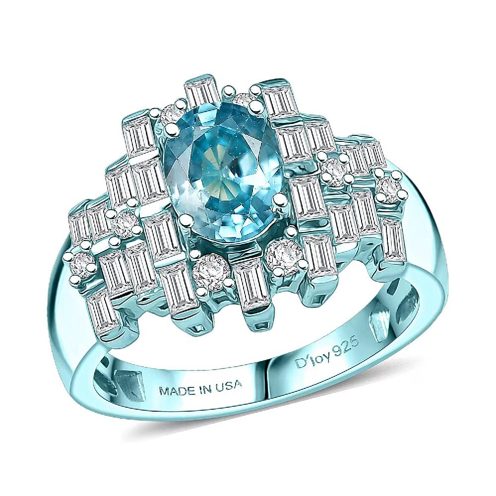 D'Joy Cambodian Blue Zircon Moissanite Deco Mirage Ring in Blue E-coat Sterling Silver 3.00 ctw