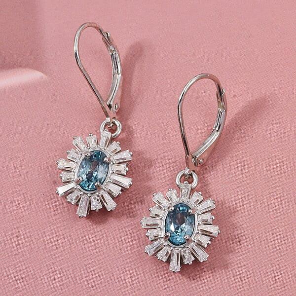 D'Joy Cambodian Blue Zircon Moissanite Earrings In Rhodium Over Sterling Silver 2.60 Ctw