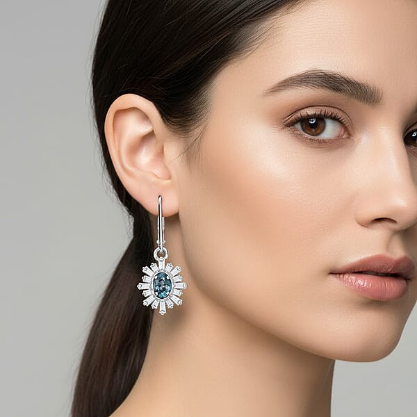 D'Joy Cambodian Blue Zircon Moissanite Earrings In Rhodium Over Sterling Silver 2.60 Ctw