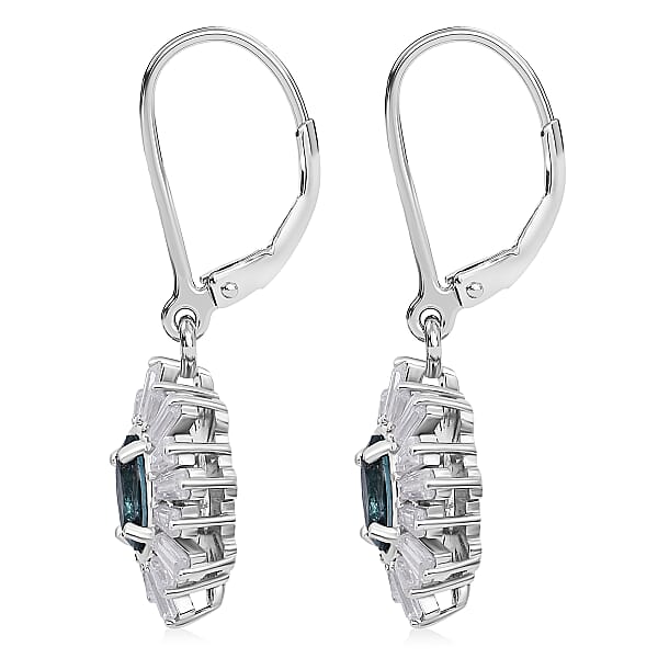 D'Joy Cambodian Blue Zircon Moissanite Earrings In Rhodium Over Sterling Silver 2.60 Ctw