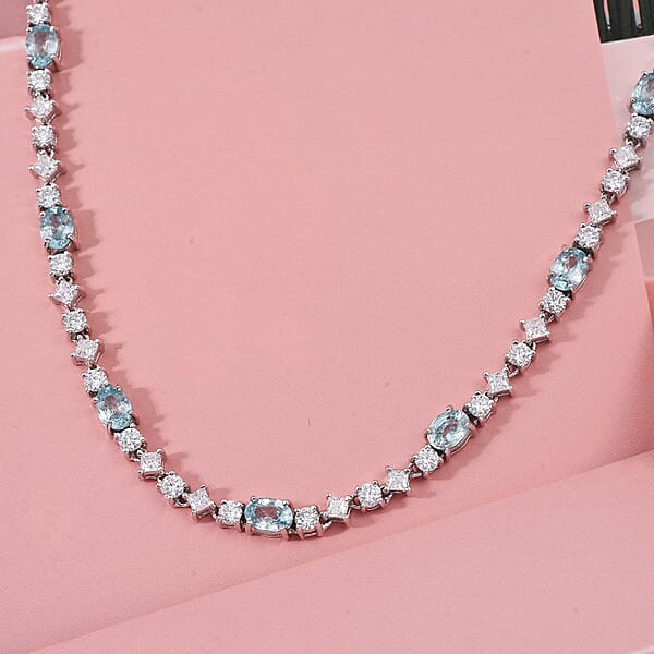 D'Joy Cambodian Blue Zircon Moissanite Necklace In Rhodium Over Sterling Silver 17.40 Ctw (18 Inches)
