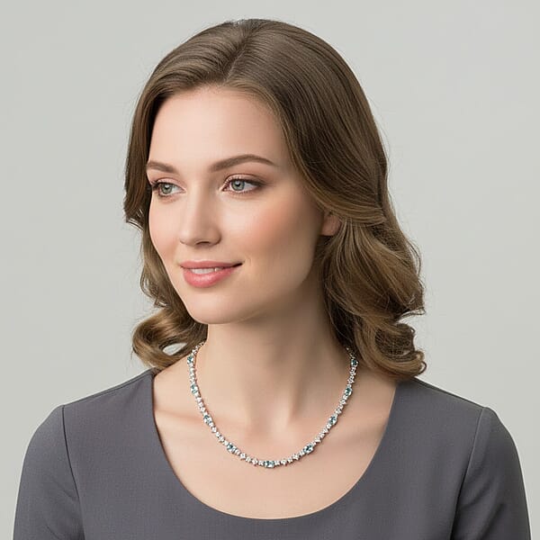 D'Joy Cambodian Blue Zircon Moissanite Necklace In Rhodium Over Sterling Silver 17.40 Ctw (18 Inches)