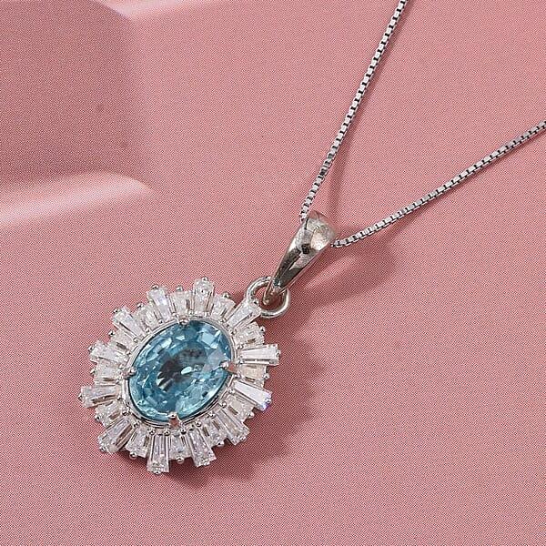 D'Joy Cambodian Blue Zircon Moissanite Pendant Necklace In Rhodium Over Sterling Silver 2.70 Ctw (18 Inches)