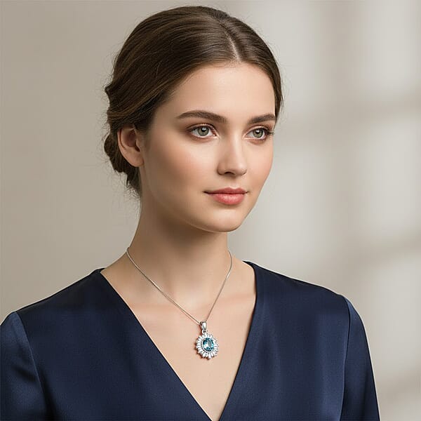 D'Joy Cambodian Blue Zircon Moissanite Pendant Necklace In Rhodium Over Sterling Silver 2.70 Ctw (18 Inches)