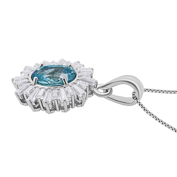 D'Joy Cambodian Blue Zircon Moissanite Pendant Necklace In Rhodium Over Sterling Silver 2.70 Ctw (18 Inches)