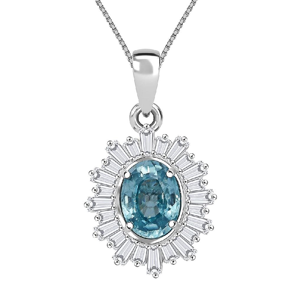 D'Joy Cambodian Blue Zircon Moissanite Pendant Necklace in Rhodium Over Sterling Silver 2.70 ctw (18 Inches)