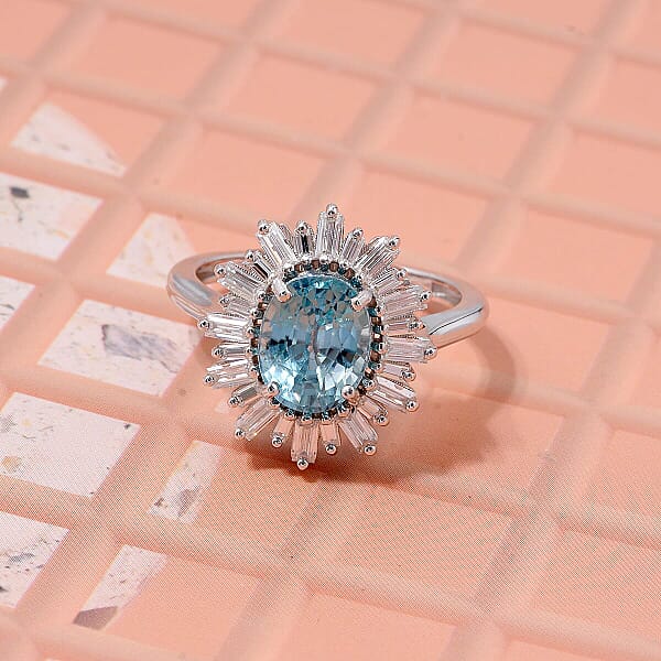 D'Joy Cambodian Blue Zircon Moissanite Ring In Rhodium Over Sterling Silver 4.50 Ctw