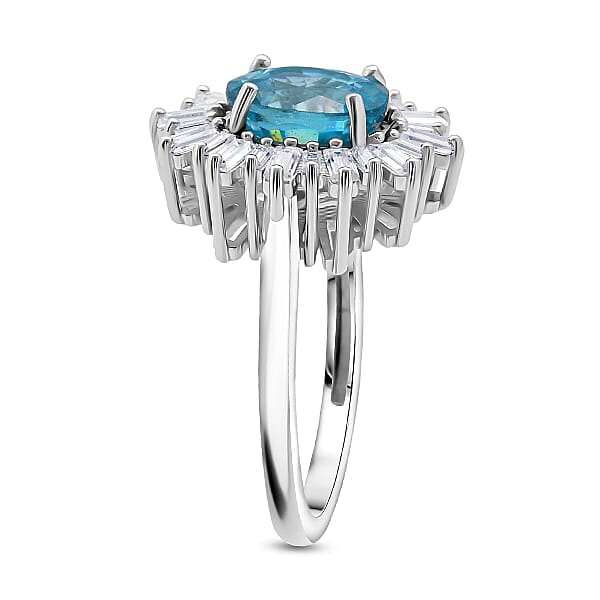 D'Joy Cambodian Blue Zircon Moissanite Ring In Rhodium Over Sterling Silver 4.50 Ctw