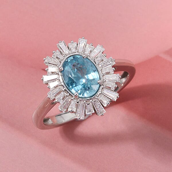 D'Joy Cambodian Blue Zircon Moissanite Ring In Rhodium Over Sterling Silver 2.70 Ctw