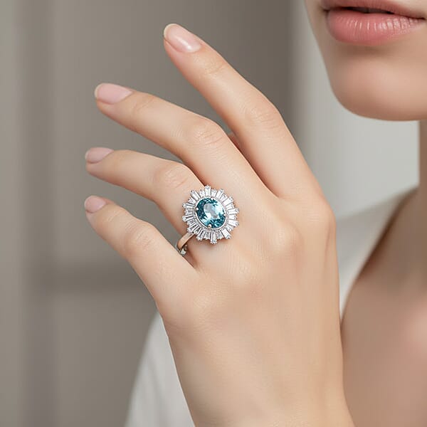 D'Joy Cambodian Blue Zircon Moissanite Ring In Rhodium Over Sterling Silver 2.70 Ctw