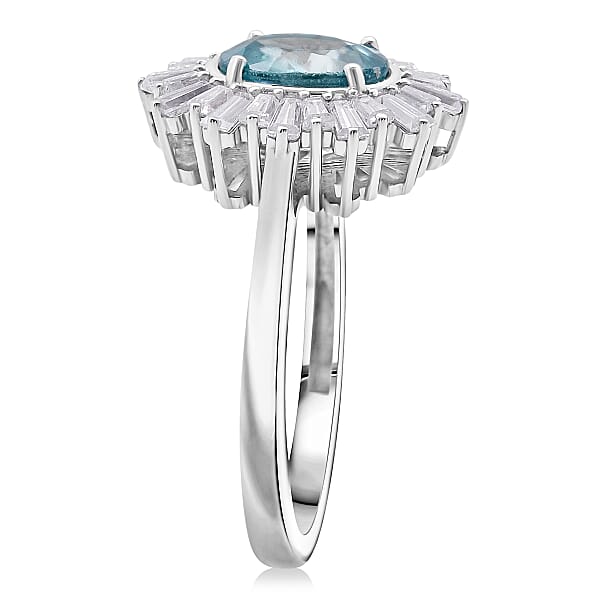 D'Joy Cambodian Blue Zircon Moissanite Ring In Rhodium Over Sterling Silver 2.70 Ctw