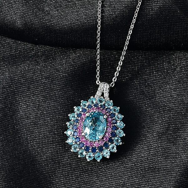D'Joy Cambodian Blue Zircon Multi Gemstone Pendant Necklace In Rhodium Over Sterling Silver 3.40 Ctw (20 Inches)