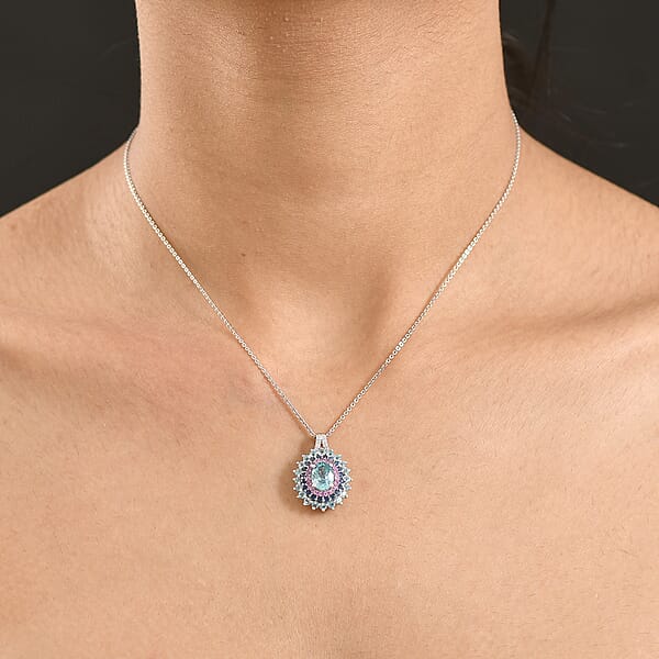D'Joy Cambodian Blue Zircon Multi Gemstone Pendant Necklace In Rhodium Over Sterling Silver 3.40 Ctw (20 Inches)
