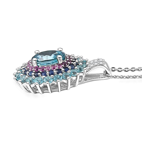 D'Joy Cambodian Blue Zircon Multi Gemstone Pendant Necklace In Rhodium Over Sterling Silver 3.40 Ctw (20 Inches)