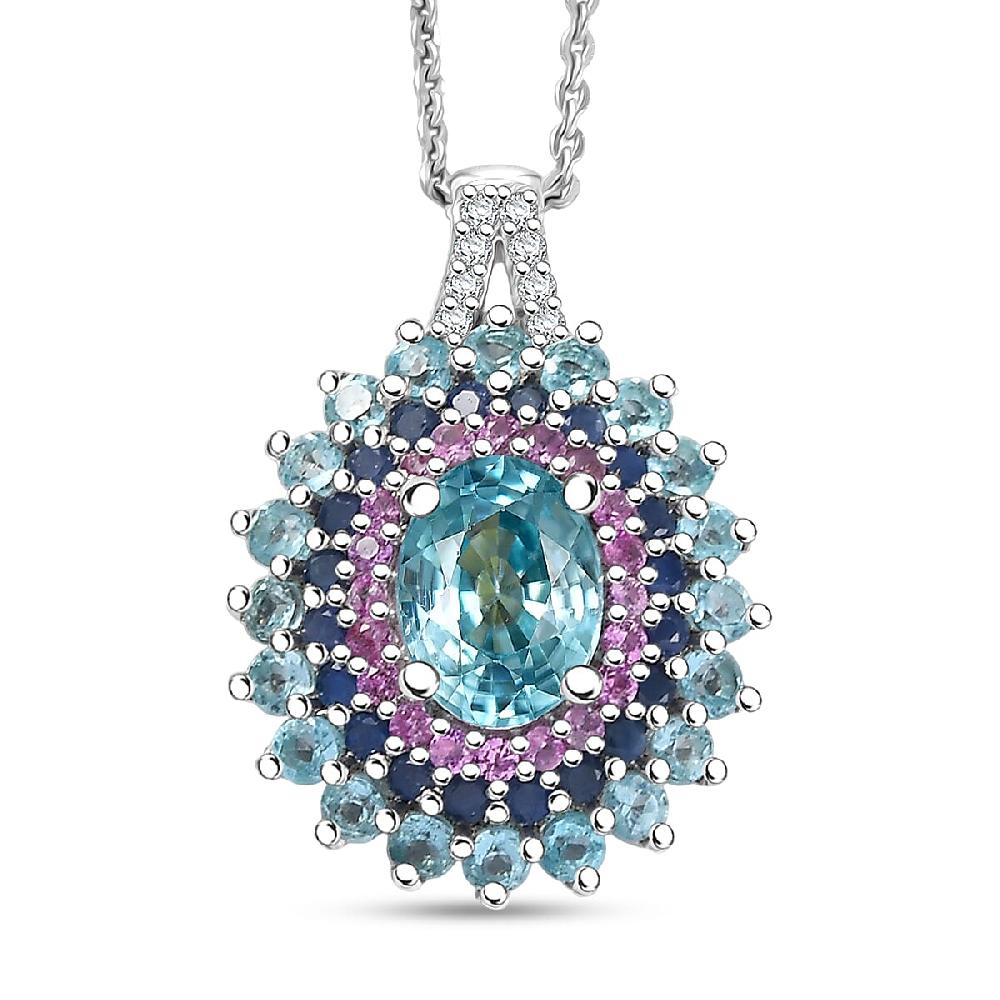 D'Joy Cambodian Blue Zircon Multi Gemstone Pendant Necklace in Rhodium Over Sterling Silver 3.40 ctw (20 Inches)