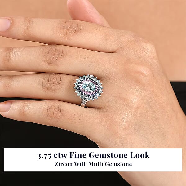 D'Joy Cambodian Blue Zircon Multi Gemstone Ring In Rhodium Over Sterling Silver 3.75 Ctw