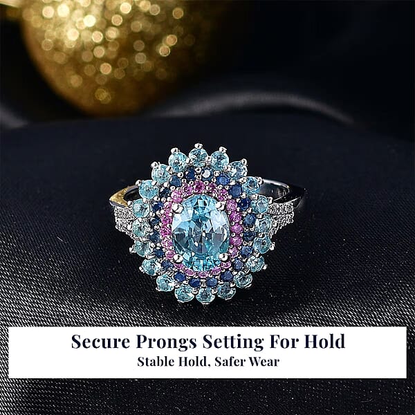 D'Joy Cambodian Blue Zircon Multi Gemstone Ring In Rhodium Over Sterling Silver 3.75 Ctw