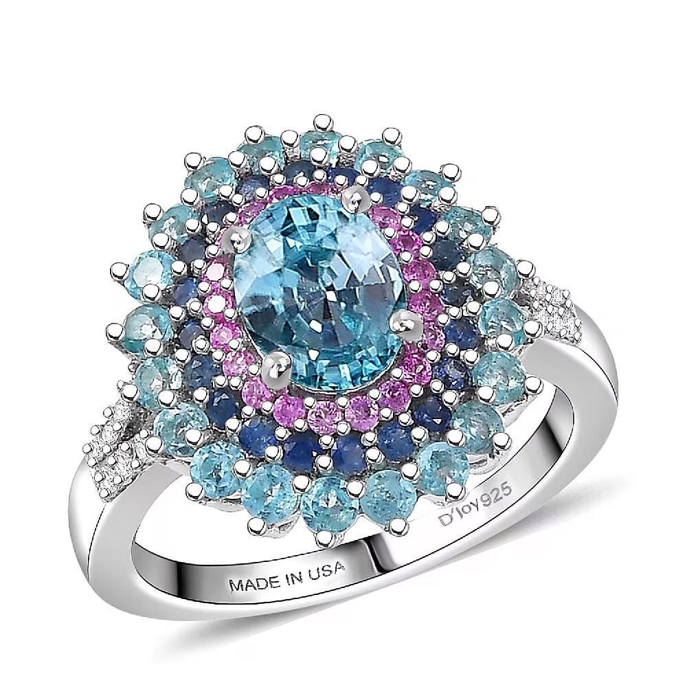D'Joy Cambodian Blue Zircon Multi Gemstone Ring in Rhodium Over Sterling Silver 3.75 ctw