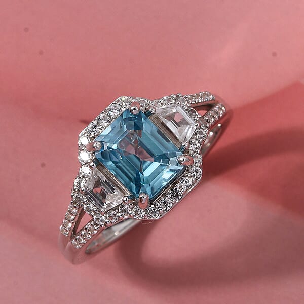 D'Joy Cambodian Blue Zircon White Zircon Ring In Rhodium Over Sterling Silver 2.80 Ctw
