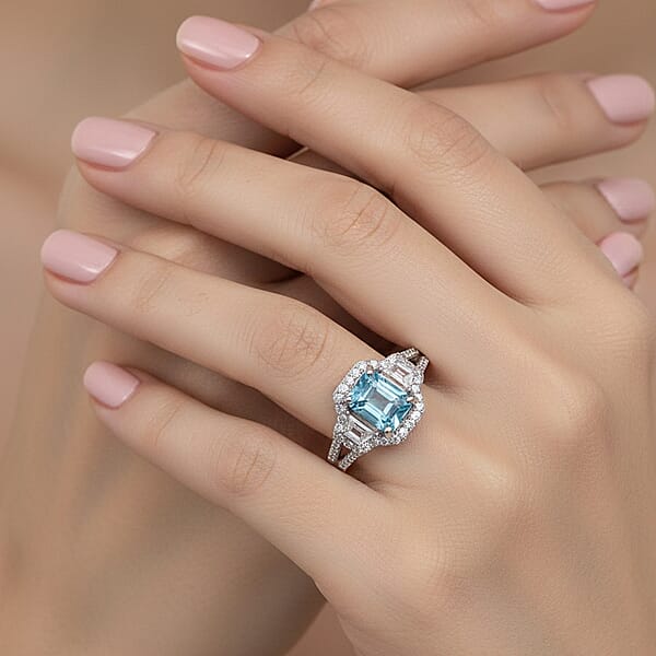 D'Joy Cambodian Blue Zircon White Zircon Ring In Rhodium Over Sterling Silver 2.80 Ctw