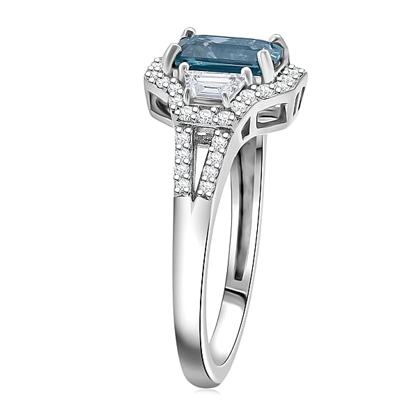 D'Joy Cambodian Blue Zircon White Zircon Ring In Rhodium Over Sterling Silver 2.80 Ctw