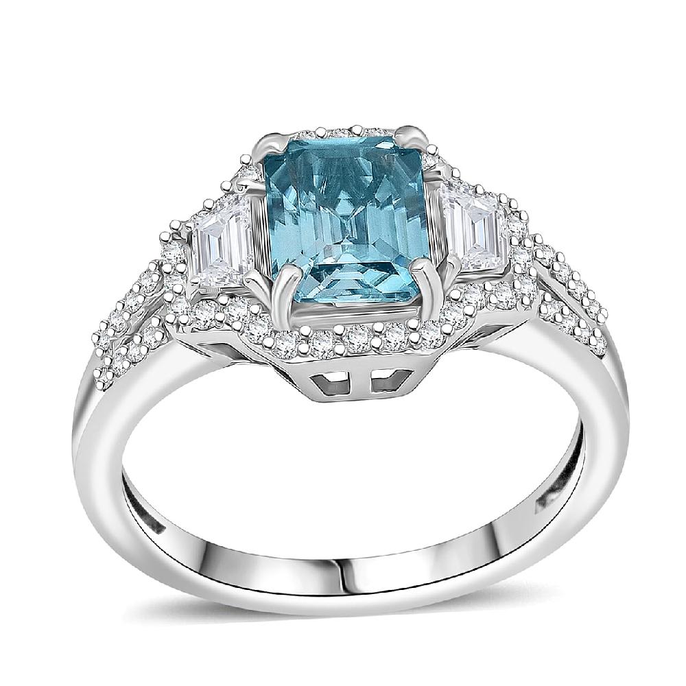 D'Joy Cambodian Blue Zircon White Zircon Ring in Rhodium Over Sterling Silver 2.80 ctw