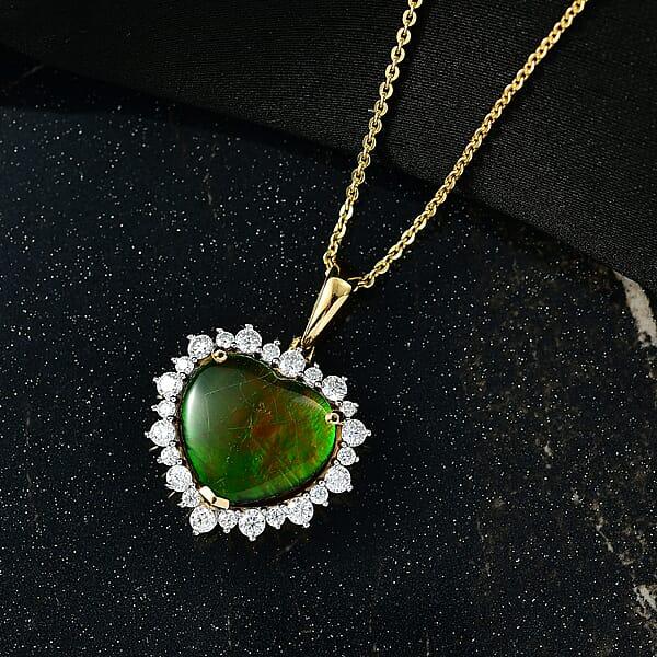 D'Joy Canadian Ammolite And Moissanite 0.50 Ctw Heart Of The Aurora Pendant Necklace 20 Inches In 18K Vermeil Yellow Gold Over Sterling Silver