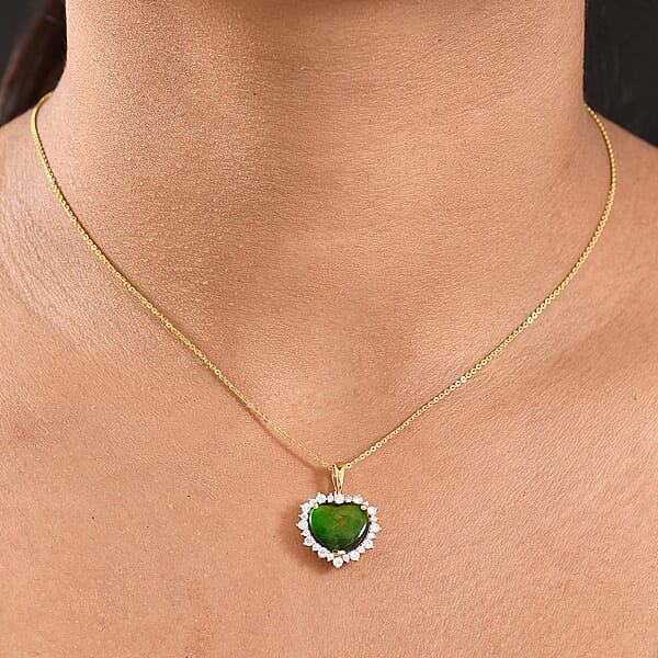 D'Joy Canadian Ammolite And Moissanite 0.50 Ctw Heart Of The Aurora Pendant Necklace 20 Inches In 18K Vermeil Yellow Gold Over Sterling Silver