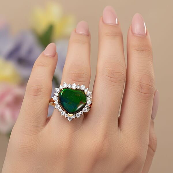 D'Joy Canadian Ammolite Moissanite Ring In 18K Vermeil YG Over Sterling Silver 0.60 Ctw