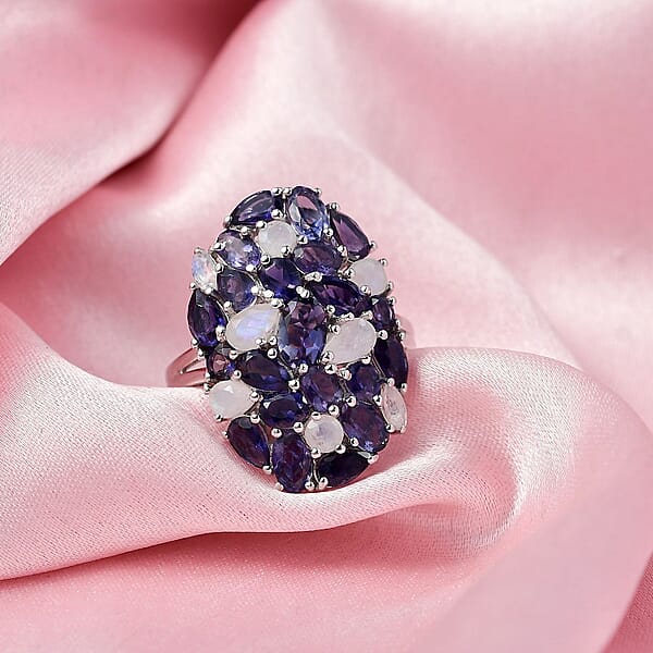 D'Joy Catalina Iolite And Malagasy Moonstone 4.95 Ctw Moonlit Majesty Ring In Rhodium Over Sterling Silver