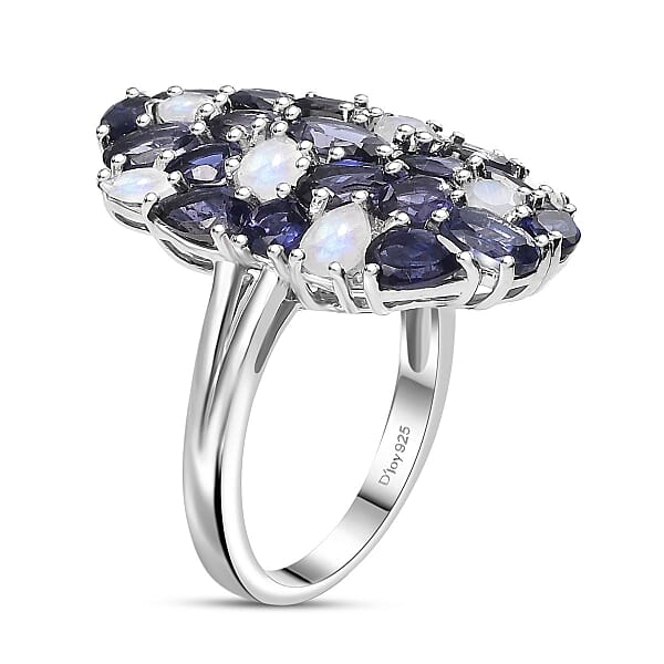 D'Joy Catalina Iolite And Malagasy Moonstone 4.95 Ctw Moonlit Majesty Ring In Rhodium Over Sterling Silver