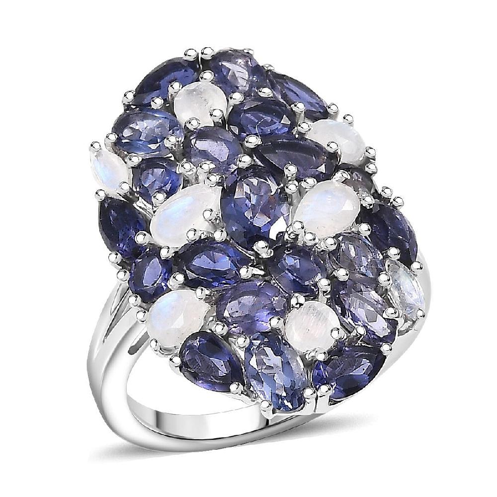 D'Joy Catalina Iolite and Malagasy Moonstone 4.95 ctw Moonlit Majesty Ring in Rhodium Over Sterling Silver