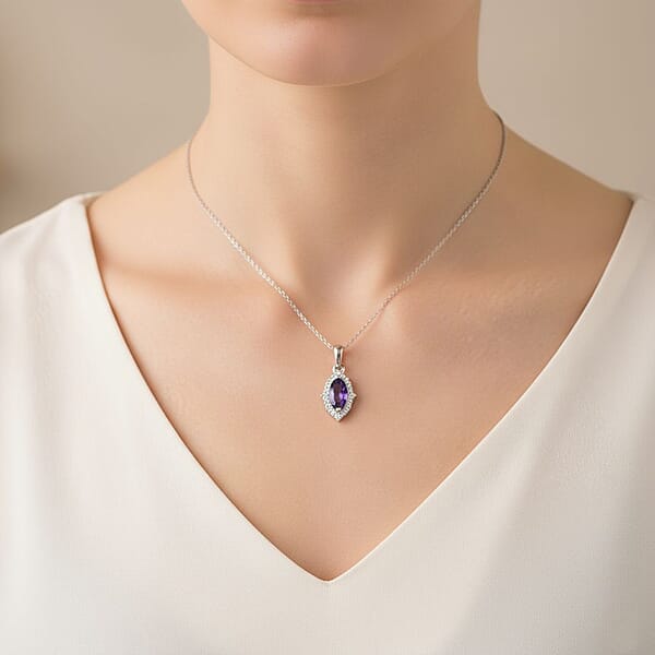 D'Joy Catalina Iolite And Moissanite 1.65 Ctw Pendant Necklace In Rhodium Over Sterling Silver 20 Inches