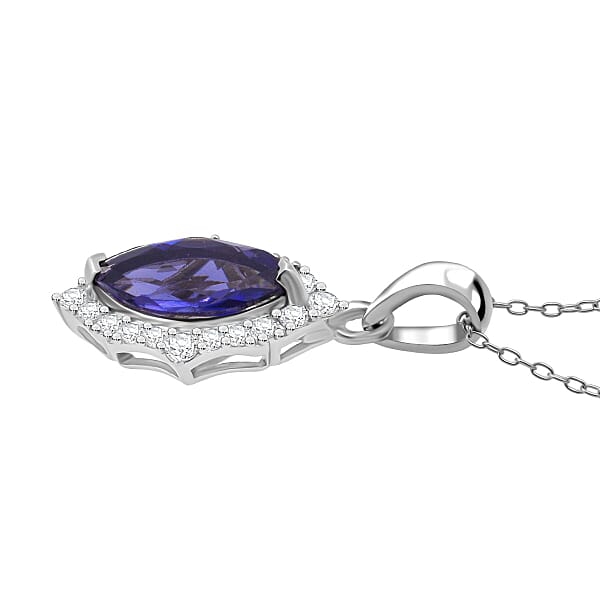 D'Joy Catalina Iolite And Moissanite 1.65 Ctw Pendant Necklace In Rhodium Over Sterling Silver 20 Inches