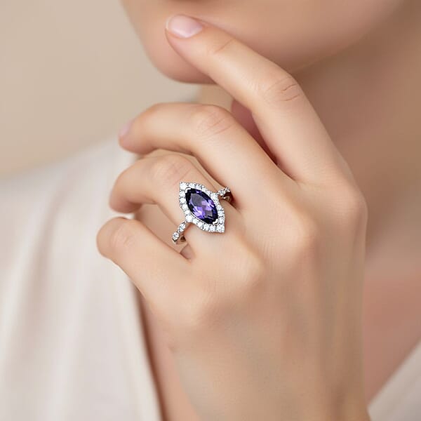 D'Joy Catalina Iolite And Moissanite 1.75 Ctw Ring In Rhodium Over Sterling Silver