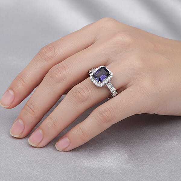 D'Joy Catalina Iolite And Moissanite 2.15 Ctw Ring In Rhodium Over Sterling Silver