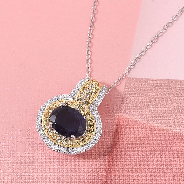 D'Joy Catalina Iolite And Multi Gemstone 2.00 Ctw Pendant Necklace In 18K Vermeil YG And Rhodium Over Sterling Silver 20 Inches