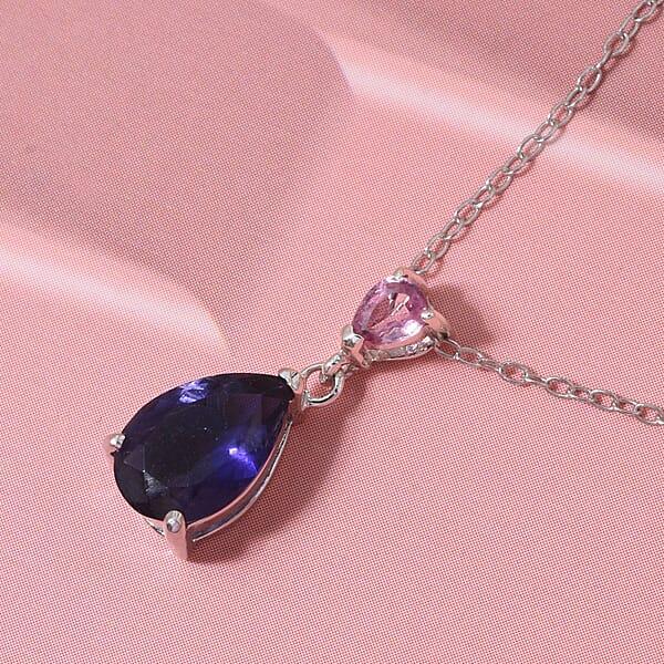 D'Joy Catalina Iolite And Pink Sapphire 1.15 Ctw Pendant Necklace In Rhodium Over Sterling Silver 20 Inches