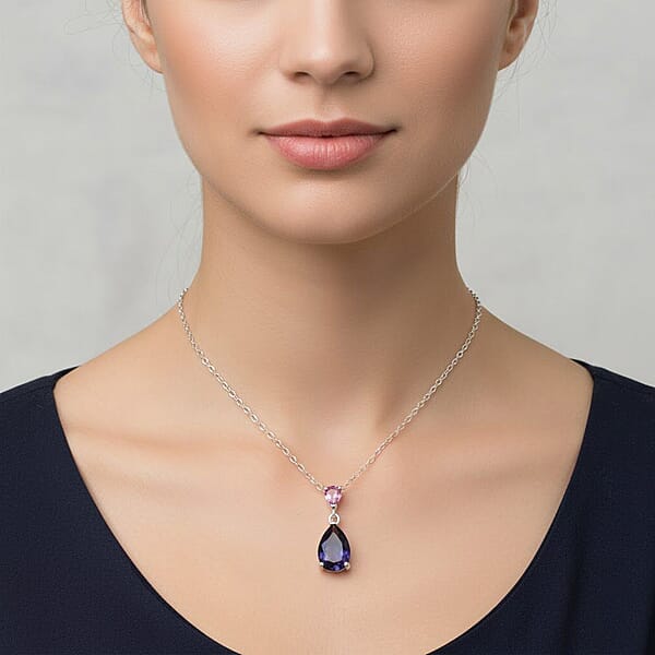D'Joy Catalina Iolite And Pink Sapphire 1.15 Ctw Pendant Necklace In Rhodium Over Sterling Silver 20 Inches